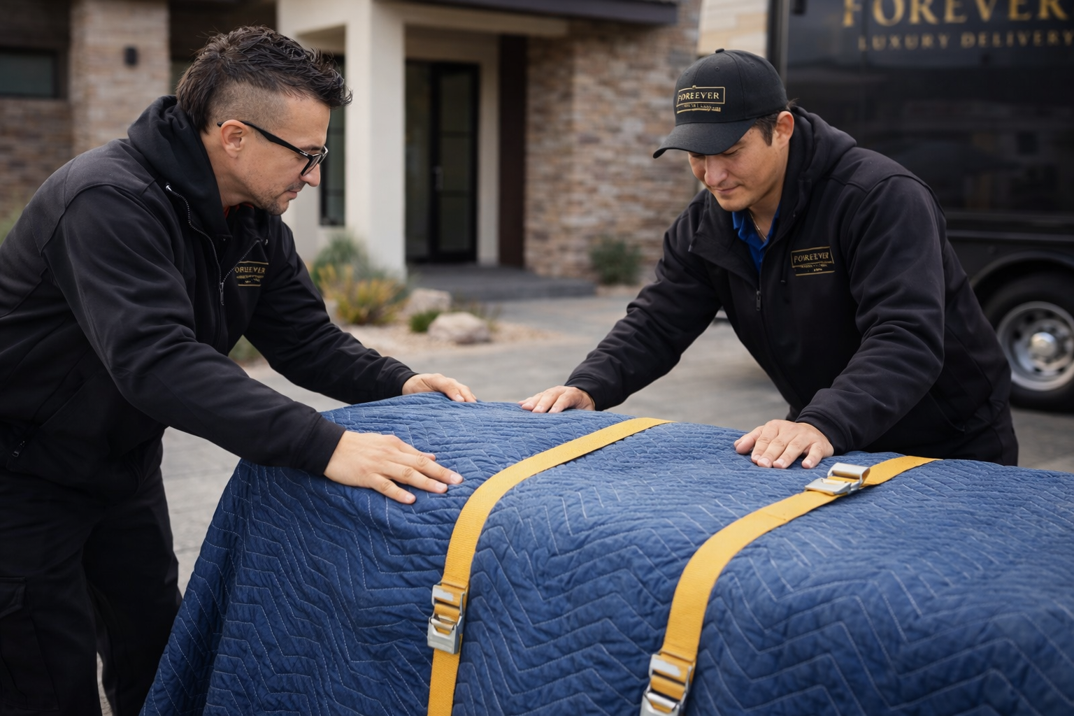 Forever Luxury crew wrapping furniture at pickup location